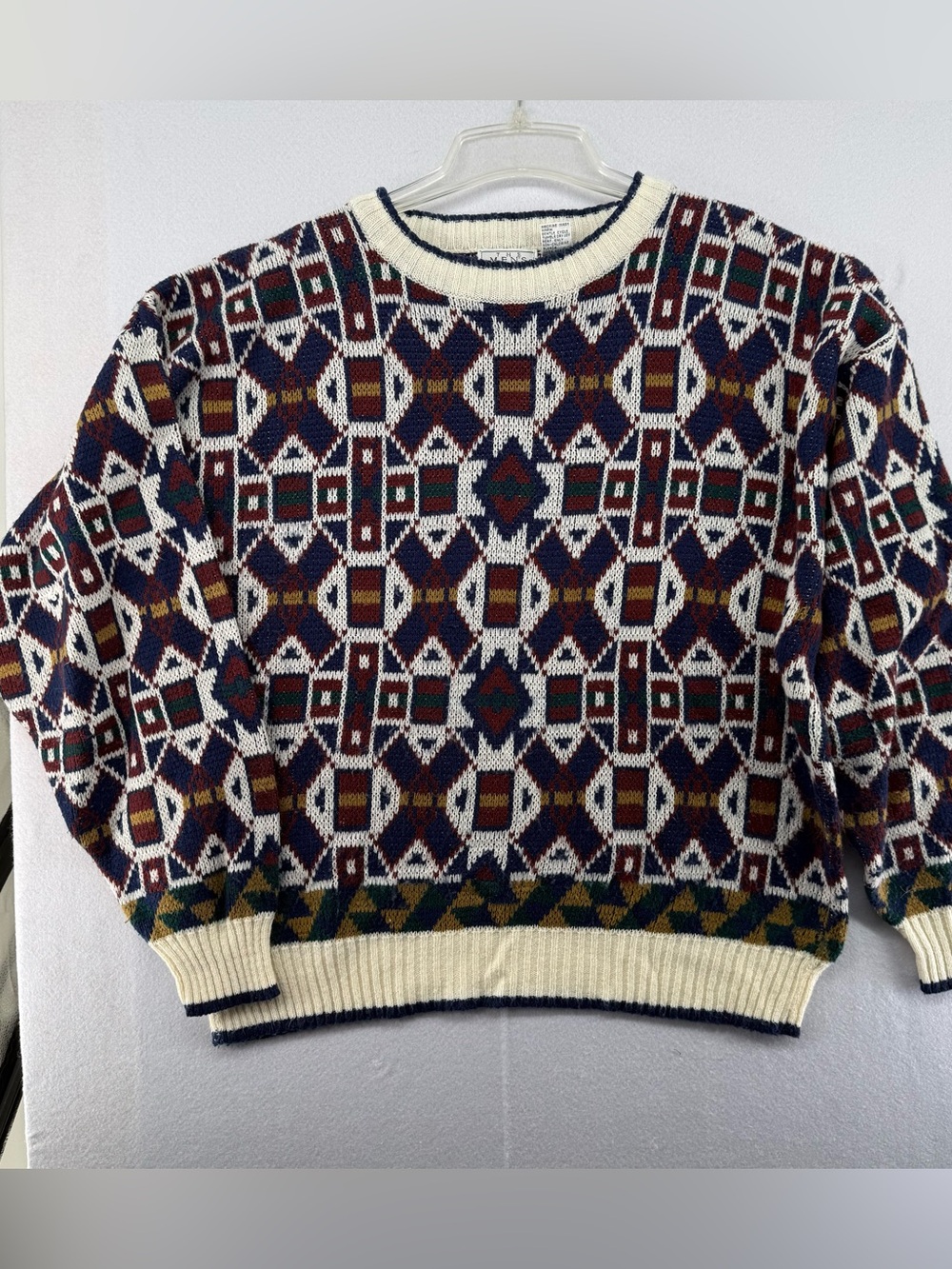 Vintage Sears‎ Mens Store Sweater Geometric Knit USA 90s Crewneck Nordic Aztec L